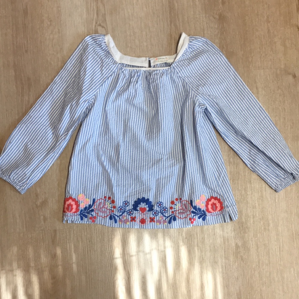 Crewcuts Seersucker Blue White Striped Top w/ Floral Embroidery Girl’s sz 12